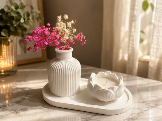 Bloom and glow boho gift set concrete vase lotus candle dried flowers India LetsBoho